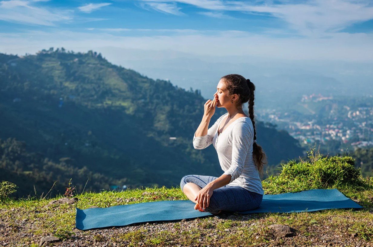 A student in seated pranayama practice